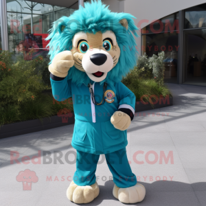 Teal Tamer Lion mascot costume character dressed with a Blouse and Keychains