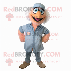 Peach Emu mascot costume character dressed with a Denim Shirt and Shoe clips