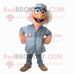 Peach Emu mascot costume character dressed with a Denim Shirt and Shoe clips