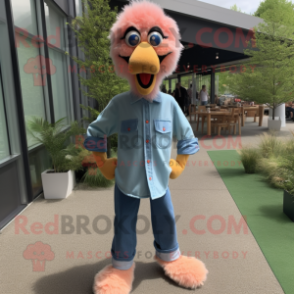Peach Emu mascot costume character dressed with a Denim Shirt and Shoe clips