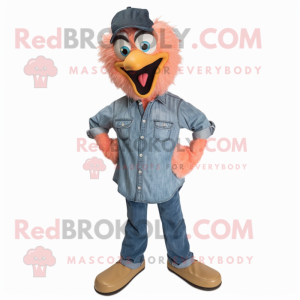 Peach Emu mascot costume character dressed with a Denim Shirt and Shoe clips