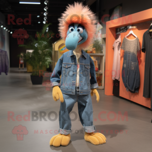 Peach Emu mascot costume character dressed with a Denim Shirt and Shoe clips