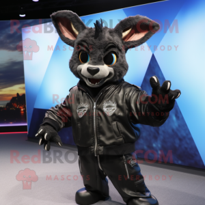 Black Chupacabra mascot costume character dressed with a Bomber Jacket and Wraps