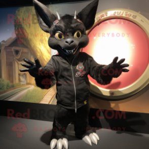 Black Chupacabra mascot costume character dressed with a Bomber Jacket and Wraps