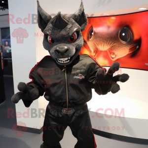 Black Chupacabra mascot costume character dressed with a Bomber Jacket and Wraps