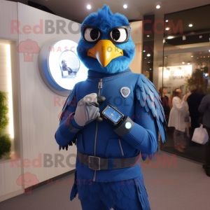 Blue Eagle mascot costume character dressed with a Turtleneck and Smartwatches