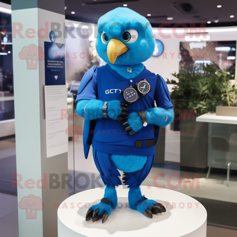 Blue Eagle mascot costume character dressed with a Turtleneck and Smartwatches Blue Eagle mascot costume character dressed with a Turtleneck and Smartwatches