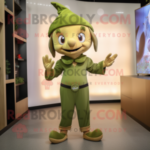 Olive Elf mascot costume character dressed with a Jumpsuit and Caps