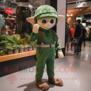 Olive Elf mascot costume character dressed with a Jumpsuit and Caps