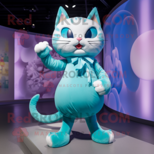 Cyan Cat mascot costume character dressed with a Wrap Skirt and Shoe laces