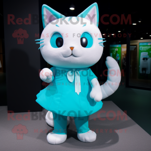 Cyan Cat mascot costume character dressed with a Wrap Skirt and Shoe laces