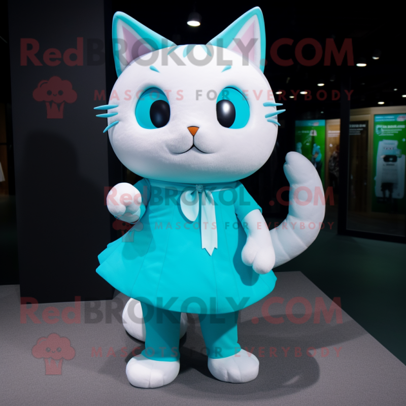 Cyan Cat mascot costume character dressed with a Wrap Skirt and Shoe laces