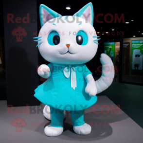 Cyan Cat mascot costume character dressed with a Wrap Skirt and Shoe laces