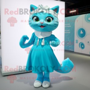 Cyan Cat mascot costume character dressed with a Wrap Skirt and Shoe laces