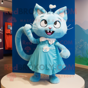 Cyan Cat mascot costume character dressed with a Wrap Skirt and Shoe laces