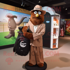 Brown Golf Bag mascot costume character dressed with a Tuxedo and Brooches