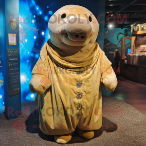 Gold Stellar'S Sea Cow mascot costume character dressed with a Vest and Shawl pins