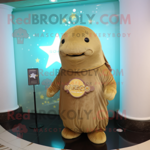 Gold Stellar'S Sea Cow mascot costume character dressed with a Vest and Shawl pins