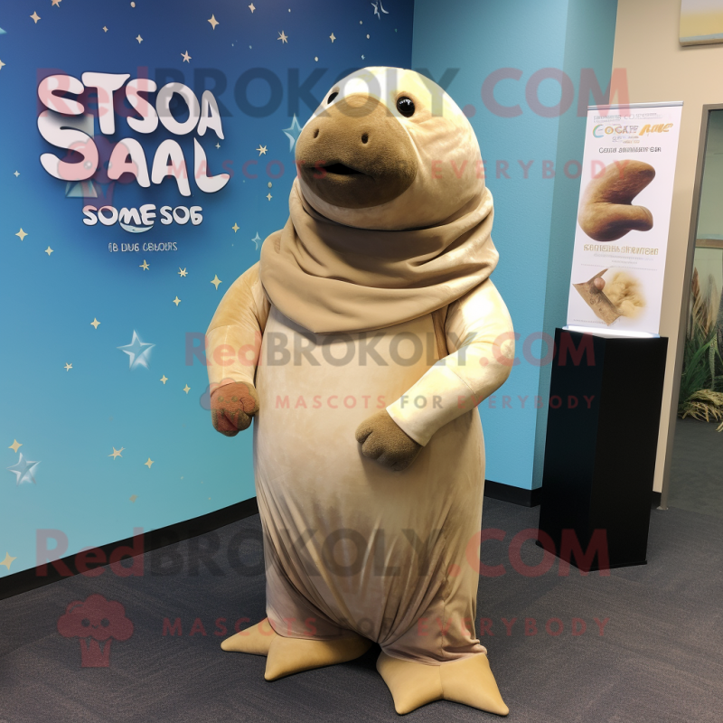 Gold Stellar'S Sea Cow mascot costume character dressed with a Vest and Shawl pins Gold Stellar'S Sea Cow mascot costume character dressed with a Vest and Shawl pins