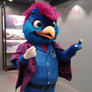 Magenta Blue Jay mascot costume character dressed with a Blazer and Hair clips