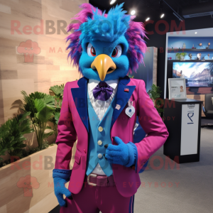 Magenta Blue Jay mascot costume character dressed with a Blazer and Hair clips