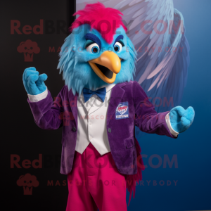 Magenta Blue Jay mascot costume character dressed with a Blazer and Hair clips