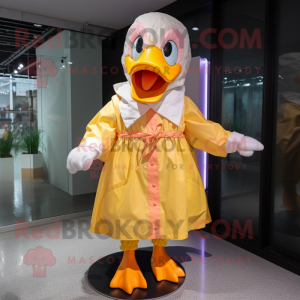 Peach Muscovy Duck mascot costume character dressed with a Raincoat and Headbands