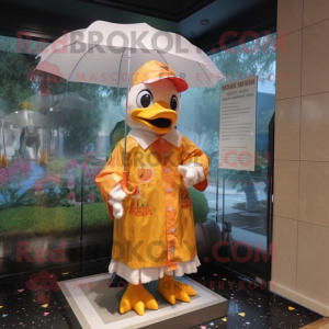 Peach Muscovy Duck mascot costume character dressed with a Raincoat and Headbands
