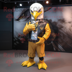 Yellow Bald Eagle mascot costume character dressed with a Leather Jacket and Headbands