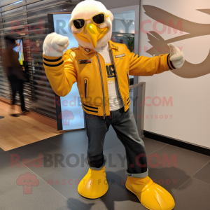 Yellow Bald Eagle mascot costume character dressed with a Leather Jacket and Headbands