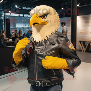 Yellow Bald Eagle mascot costume character dressed with a Leather Jacket and Headbands