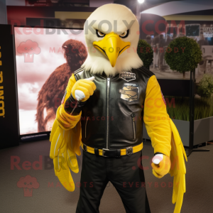Yellow Bald Eagle mascot costume character dressed with a Leather Jacket and Headbands