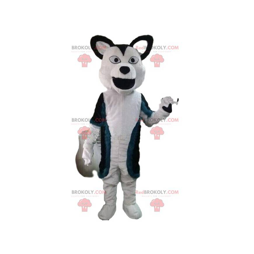Mascotte de chien blanc et noir, costume de loup noir et blanc