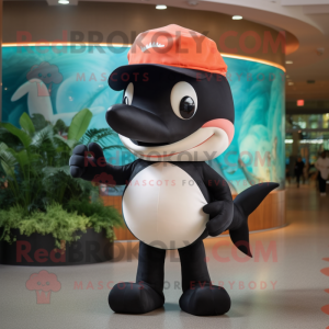 Peach Killer Whale mascot costume character dressed with a Playsuit and Hat pins