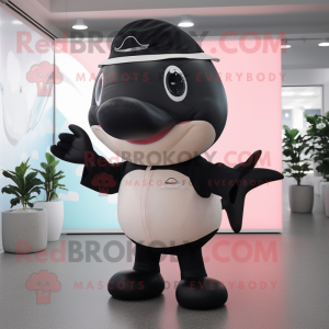 Peach Killer Whale mascot costume character dressed with a Playsuit and Hat pins