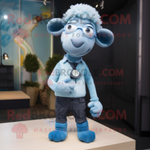 Sky Blue Sheep mascot costume character dressed with a Skinny Jeans and Tie pins