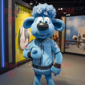 Sky Blue Sheep mascot costume character dressed with a Skinny Jeans and Tie pins