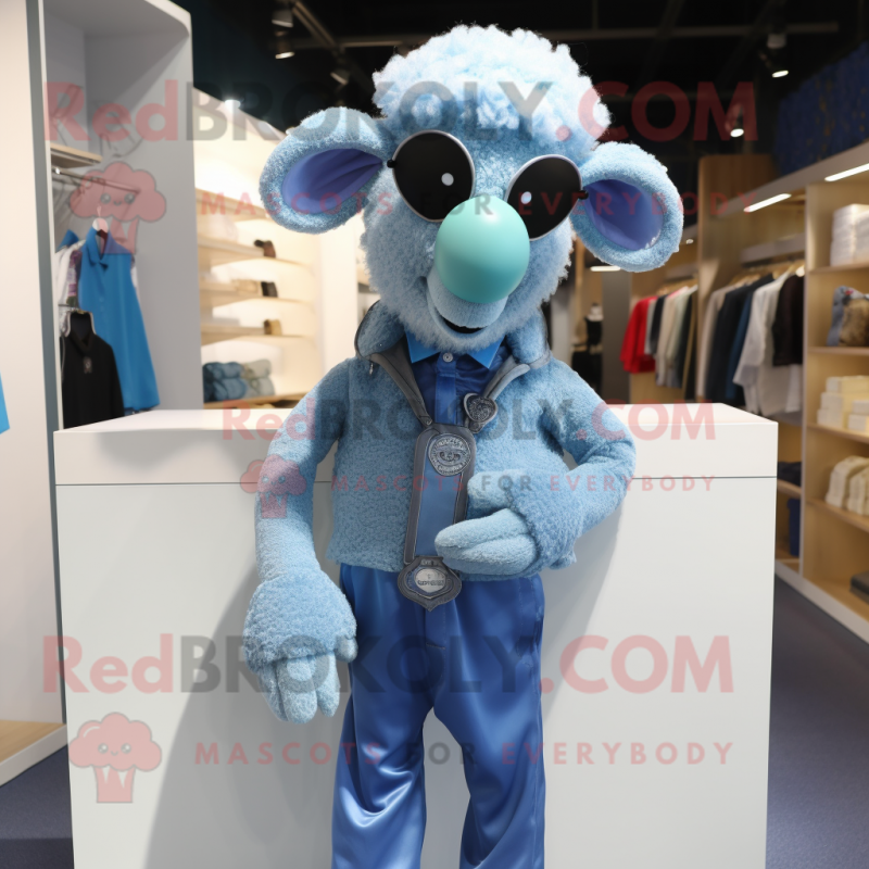 Sky Blue Sheep mascot costume character dressed with a Skinny Jeans and Tie pins