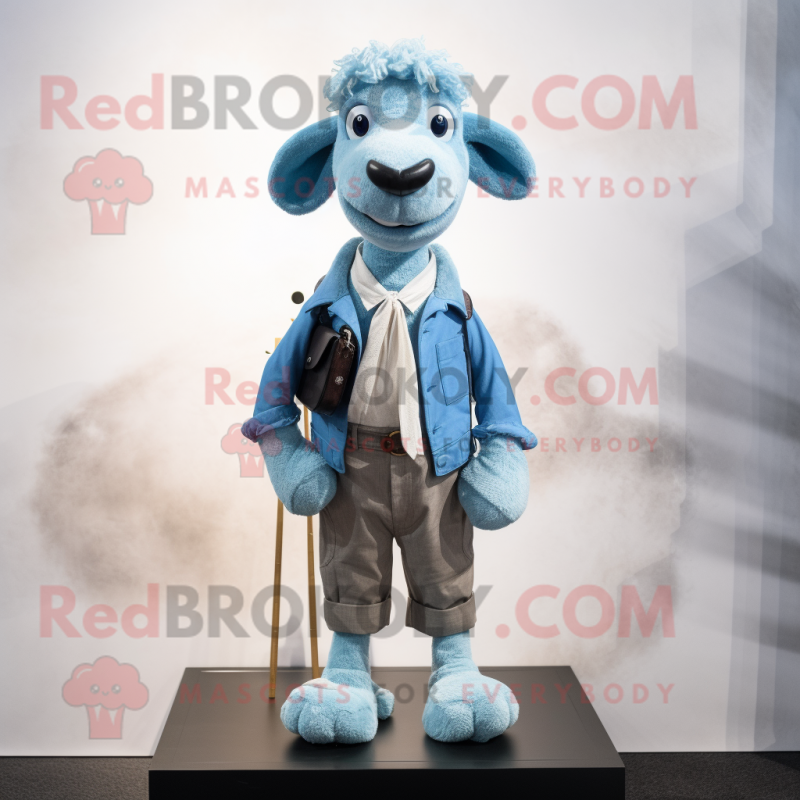 Sky Blue Sheep mascot costume character dressed with a Skinny Jeans and Tie pins