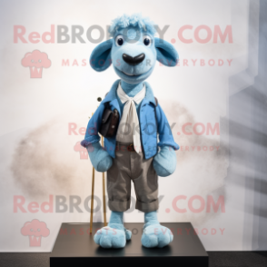 Sky Blue Sheep mascot costume character dressed with a Skinny Jeans and Tie pins