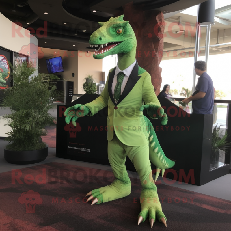 Green Utahraptor mascot costume character dressed with a Suit Pants and Foot pads Green Utahraptor mascot costume character dressed with a Suit Pants and Foot pads