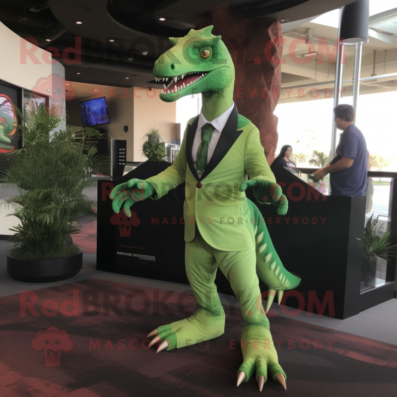 Green Utahraptor mascot costume character dressed with a Suit Pants and Foot pads