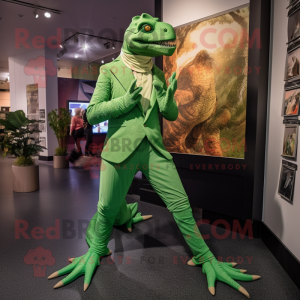 Green Utahraptor mascot costume character dressed with a Suit Pants and Foot pads