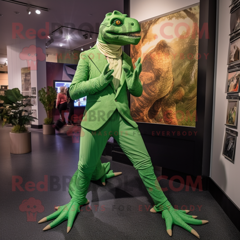 Green Utahraptor mascot costume character dressed with a Suit Pants and Foot pads Green Utahraptor mascot costume character dressed with a Suit Pants and Foot pads