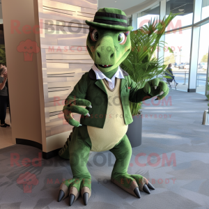 Green Utahraptor mascot costume character dressed with a Suit Pants and Foot pads