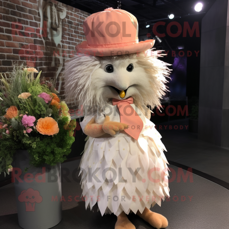 Peach Porcupine mascot costume character dressed with a Wedding Dress and Hat pins Peach Porcupine mascot costume character dressed with a Wedding Dress and Hat pins