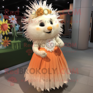 Peach Porcupine mascot costume character dressed with a Wedding Dress and Hat pins