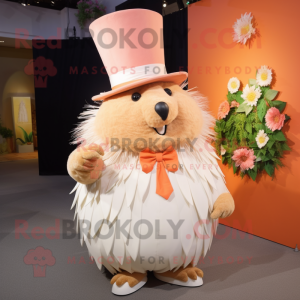 Peach Porcupine mascot costume character dressed with a Wedding Dress and Hat pins