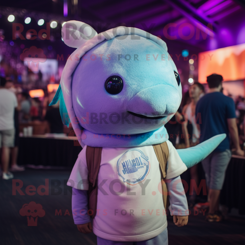 Lavender Narwhal mascot costume character dressed with a T-Shirt and Headbands