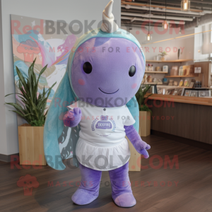 Lavender Narwhal mascot costume character dressed with a T-Shirt and Headbands